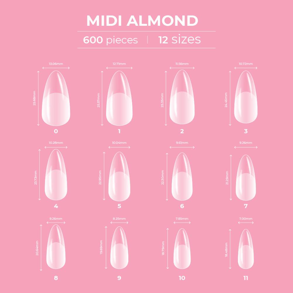 Glitterbels Dream Coverage Full Tips Almond Midi (12 sizes x 50)