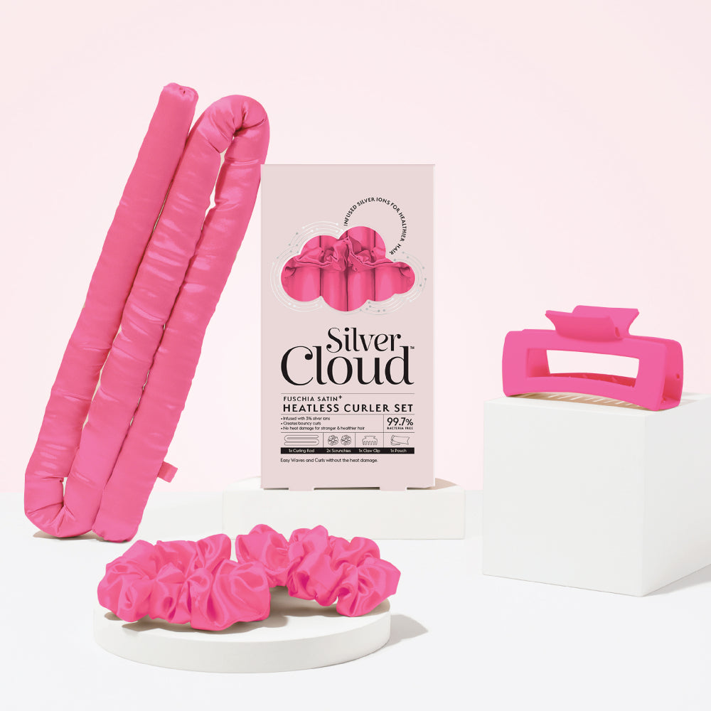Silver Cloud Fuschia Satin Heatless Curler Set
