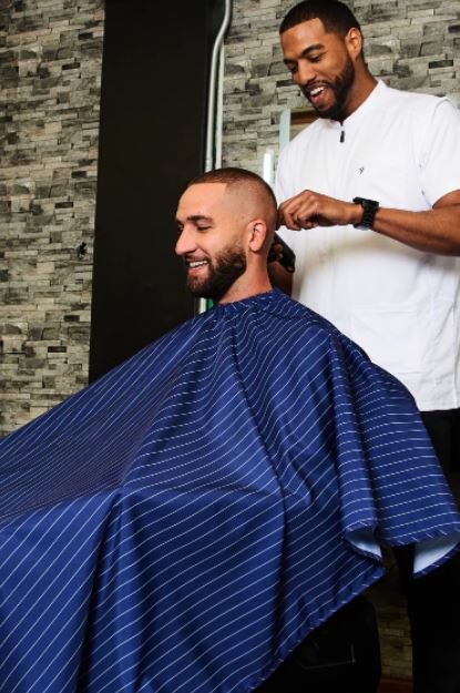 Barber Strong The Barber Cape Classic Collection Blue/ White Stripes