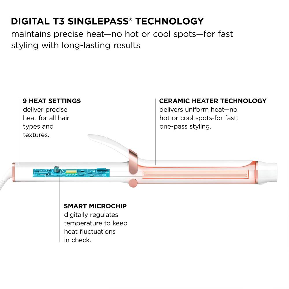 T3 SinglePass Curl 25mm Professional Curling Iron Satin Blush