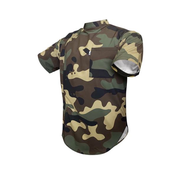 illuzien Woodland Camo Scoop Bottom Barber Smock