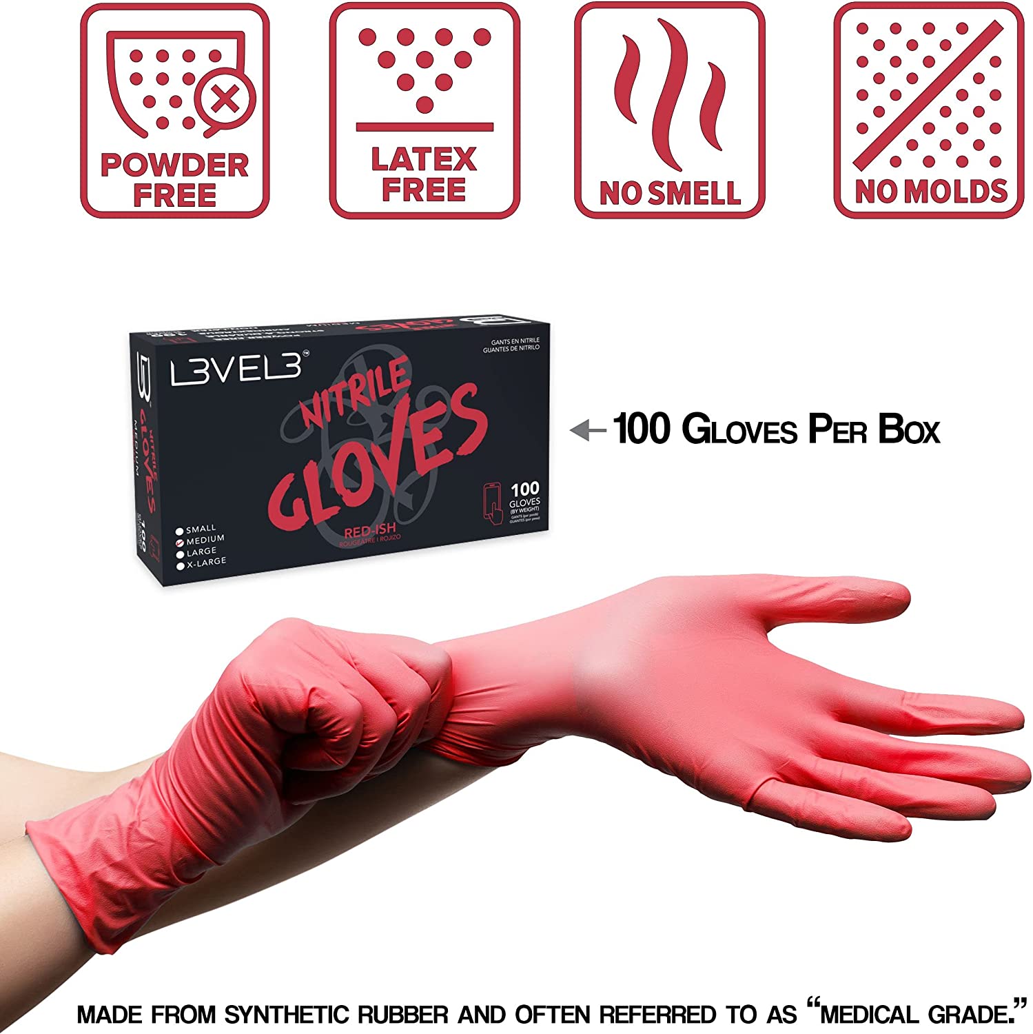L3VEL3 Professional Nitrile Gloves Red-ish (100)