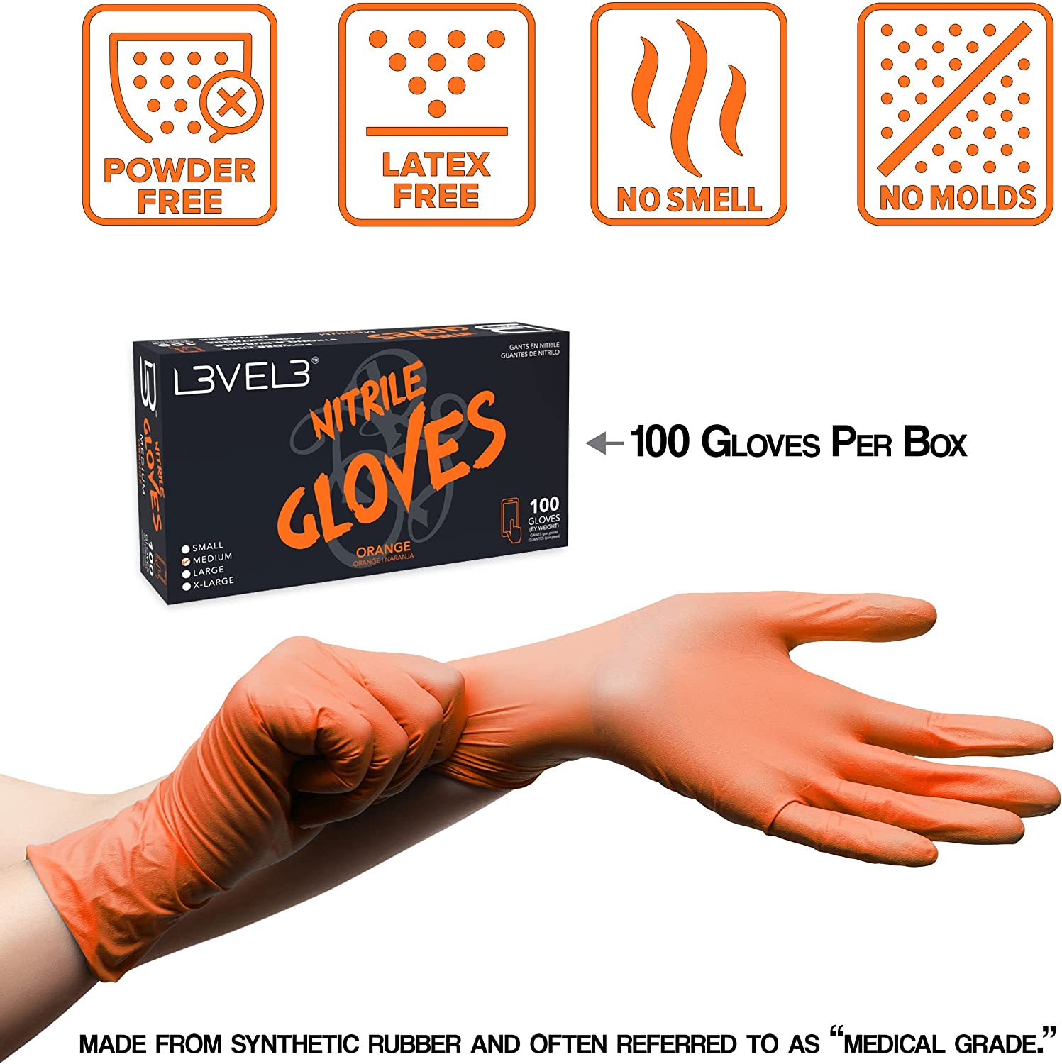 L3VEL3 Professional Nitrile Gloves Orange (100)