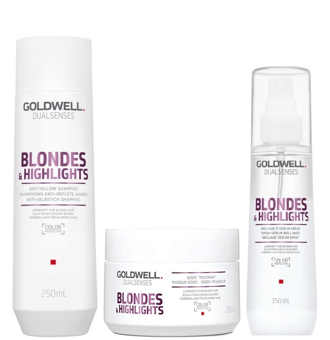Goldwell Dualsenses Blondes & Highlights A-Y Shampoo 250ml, 60sec Treatment 200ml and Serum Spray 150ml