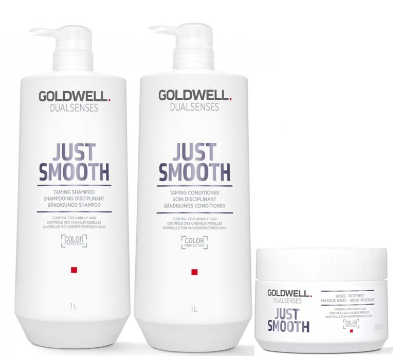 Goldwell Dualsenses Just Smooth Taming Shampoo 1000ml, Conditioner 1000ml and 60sec Treatment 200ml