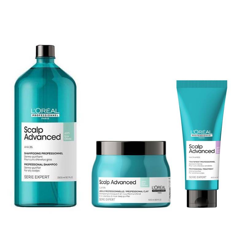 L'Oreal Serie Expert Scalp Advanced Dermo-Clarifier Shampoo 1500ml, Deep Purifier Clay Mask 500ml and Intense Soother Treatment 200ml