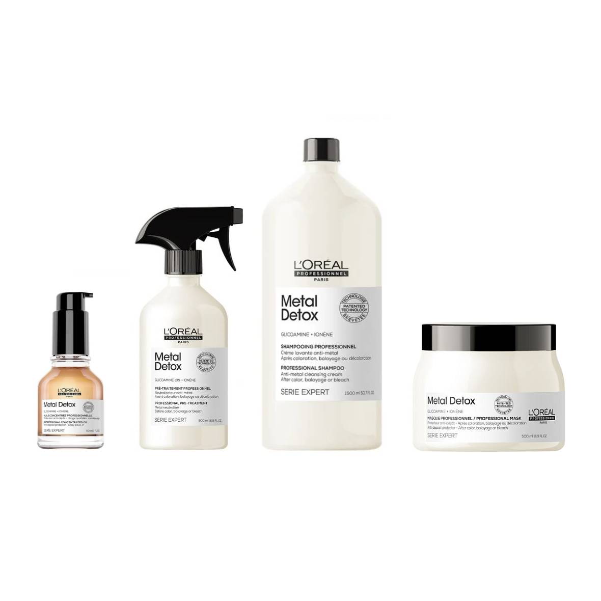 L'Oreal Serie Expert Metal Detox Pre-Treatment 500ml, Metal Detox Serum Oil 50ml, Metal Detox Cleansing Cream Shampoo 1500ml and Expert Metal Detox Protector Mask 500ml