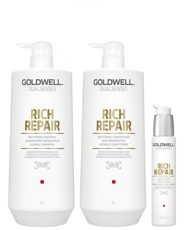 Goldwell Dualsenses Rich Repair Shampoo 1000ml, Conditioner 1000ml and 6 Effects Serum 100ml