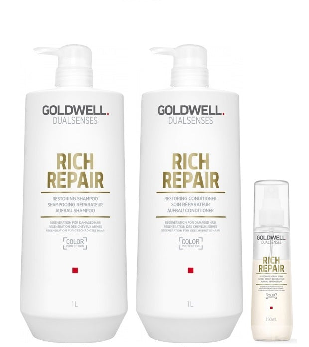 Goldwell Dualsenses Rich Repair Shampoo 1000ml, Conditioner 1000ml and Serum Spray 150ml