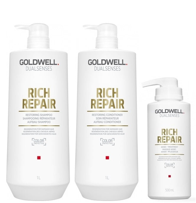 Goldwell Dualsenses Rich Repair Shampoo 1000ml, Conditioner 1000ml and 60sec Treatment 500ml