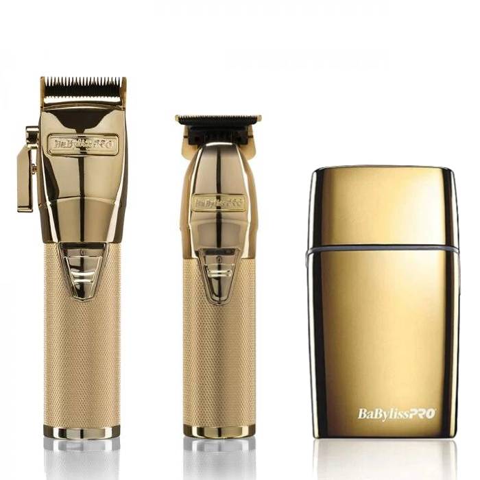 BaByliss Pro Gold Super Motor Clipper, Gold Super Motor Skeleton Trimmer and Gold Titanium Foil Shaver