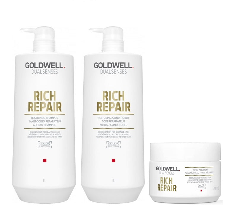 Goldwell Dualsenses Rich Repair Shampoo 1000ml, Conditioner 1000ml and 60sec Treatment 200ml